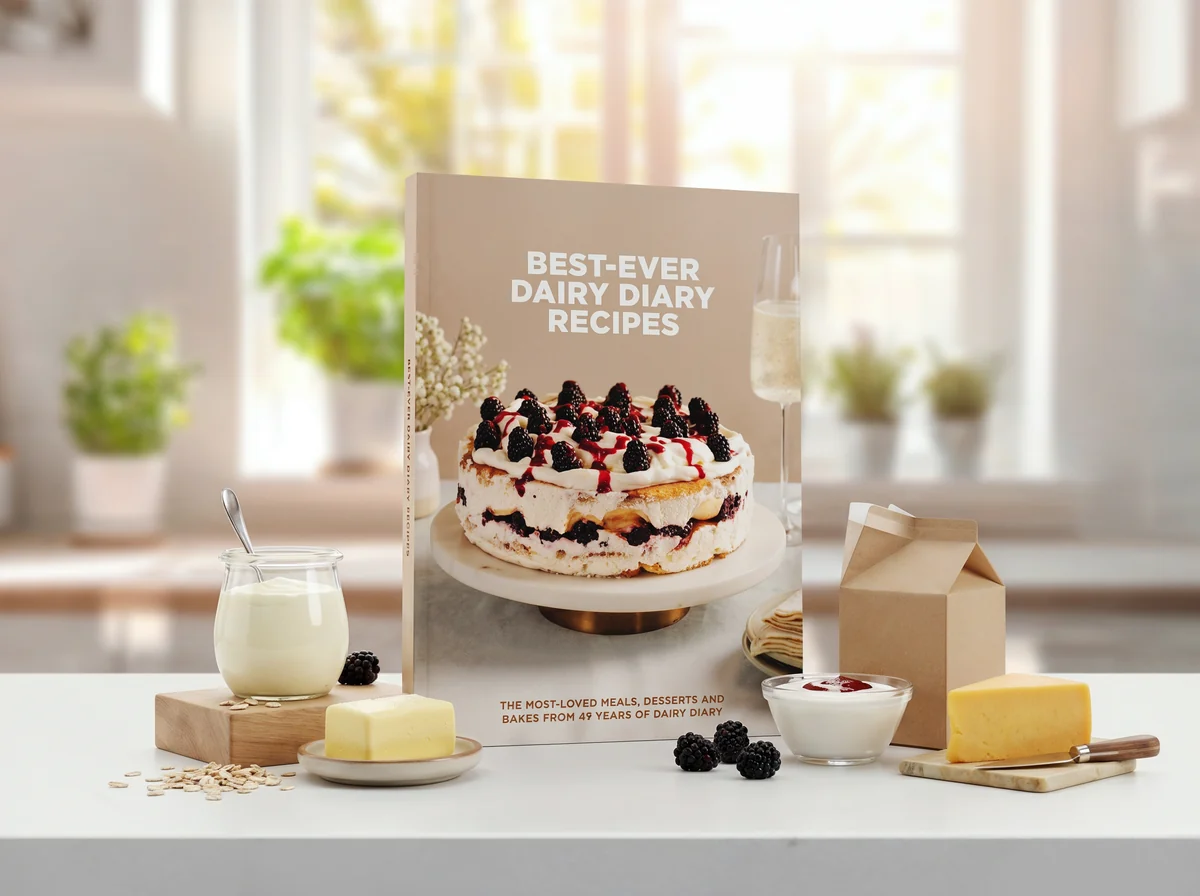 Best Ever Dairy Diary Recipes cookbook on a kitchen worktop